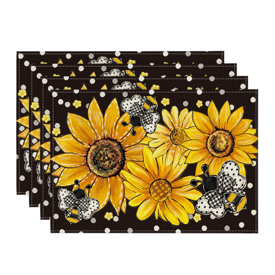 Artoid Mode black sunflower bee placemats with polka dots for stylish dining and stain protection