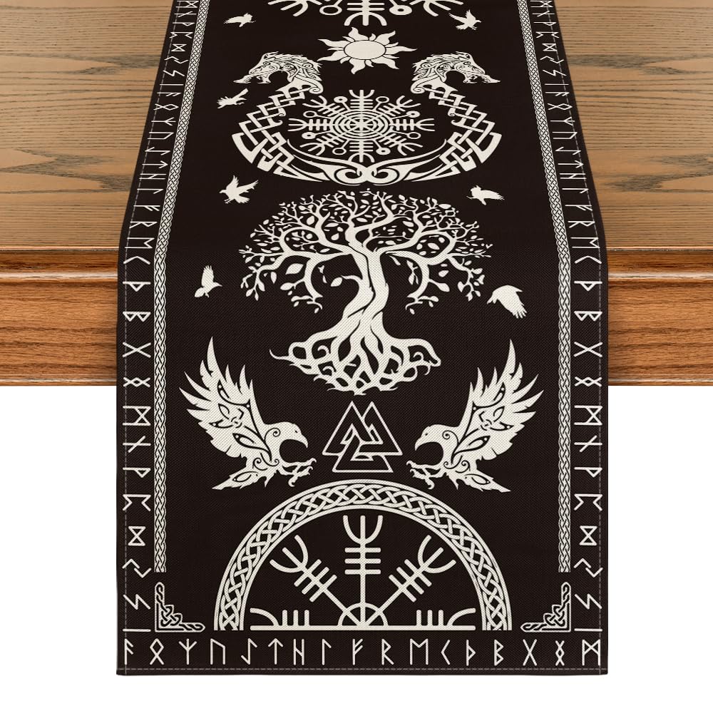Artoid Mode black Viking Tree of Life table runner with bold festive print.