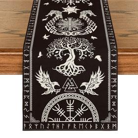 Artoid Mode black Viking Tree of Life table runner with bold festive print.