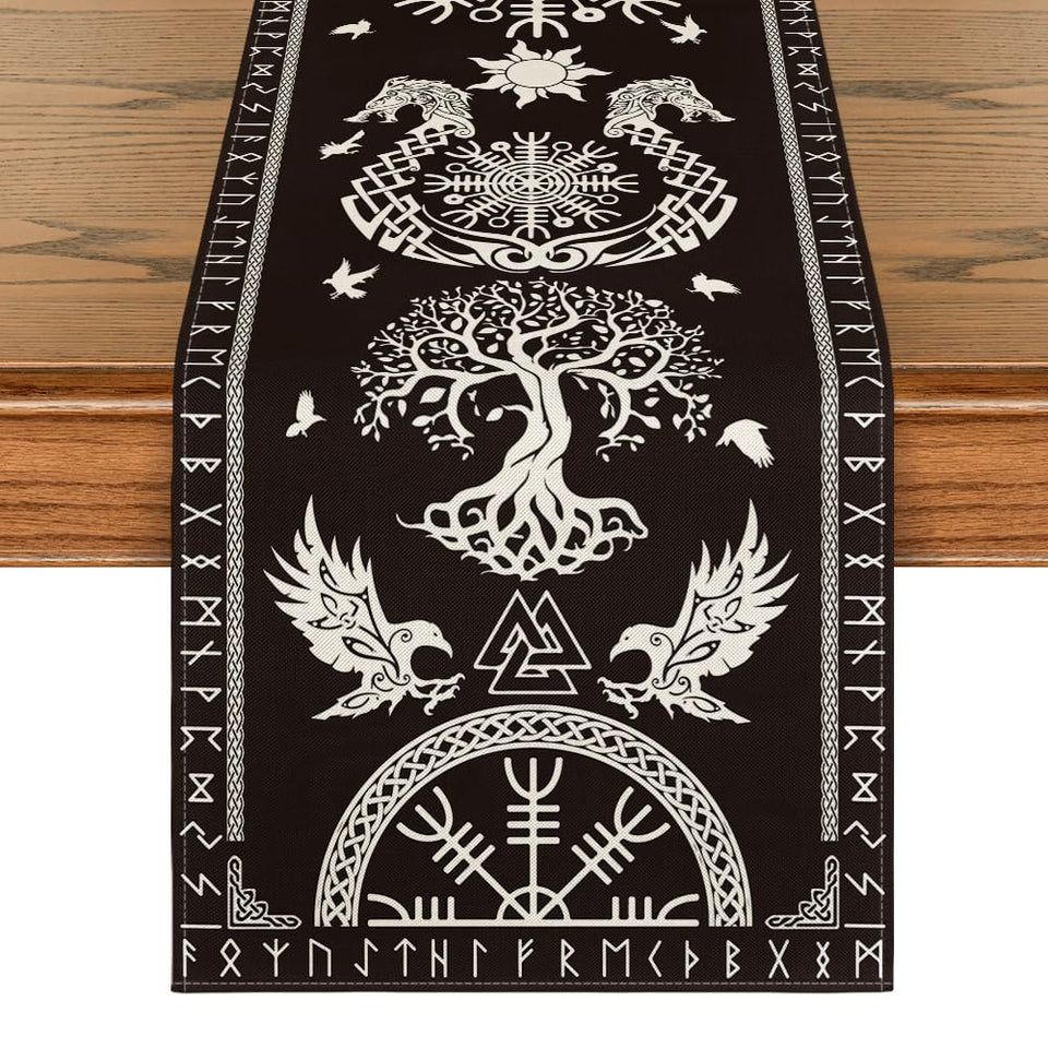 Artoid Mode black Viking Tree of Life table runner with bold festive print.