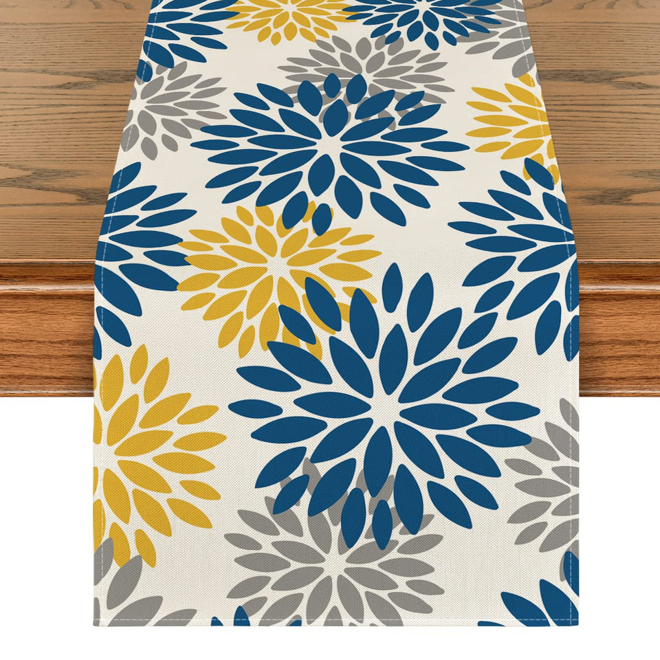 Artoid Mode blue dahlia floral pinnata table runner adds vibrant color and surface protection.