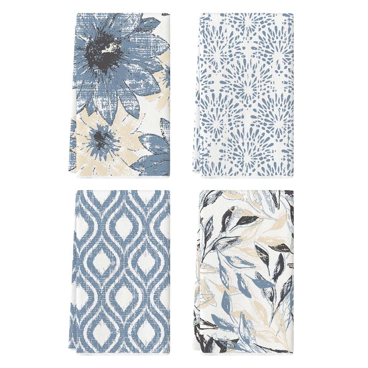 Artoid Mode blue floral leaves kitchen towels 4pc set for daily drying