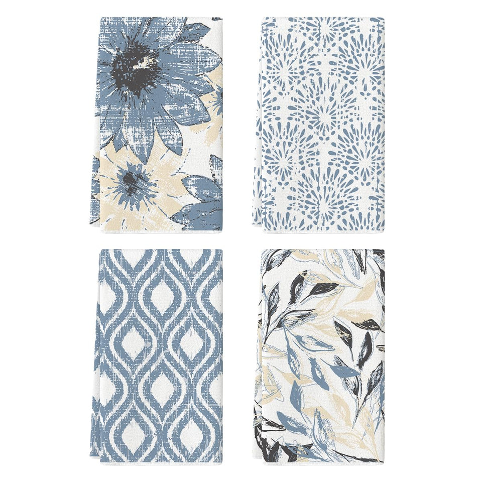 Artoid Mode blue floral leaves kitchen towels 4pc set for daily drying