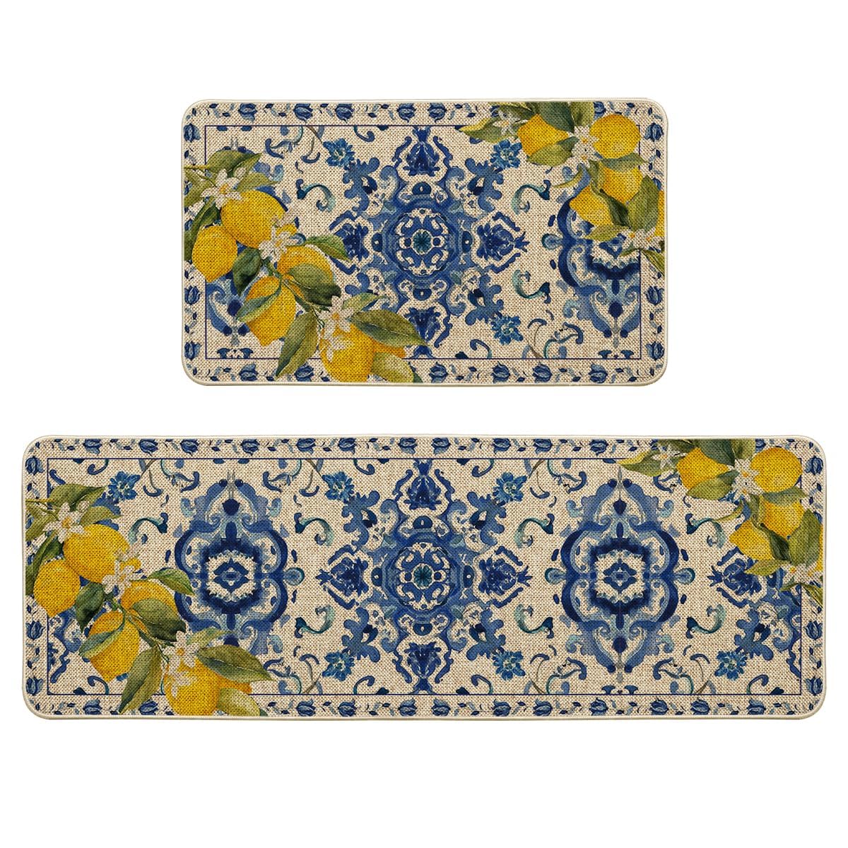 Artoid Mode blue floral lemons kitchen mat 17x29 — stylish decor with non-slip protection.