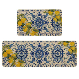 Artoid Mode blue floral lemons kitchen mat 17x29 — stylish decor with non-slip protection.