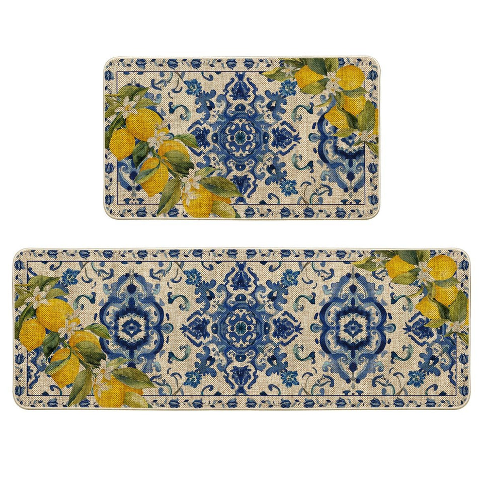 Artoid Mode blue floral lemons kitchen mat 17x29 — stylish decor with non-slip protection.