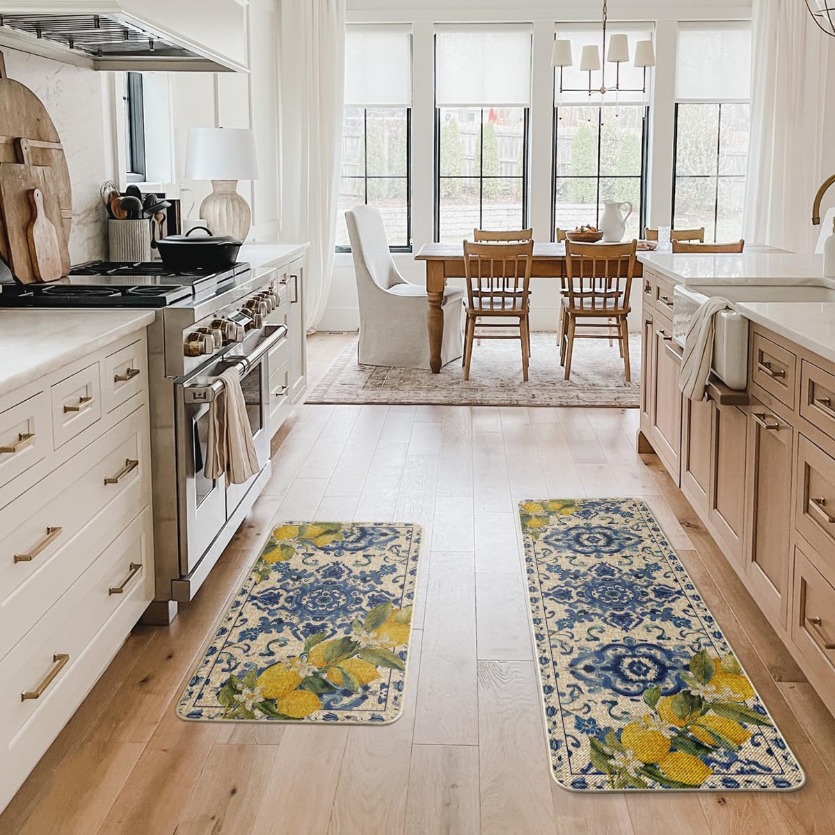 Artoid Mode blue floral lemons kitchen mat back view — non-slip rubber backing for stability.