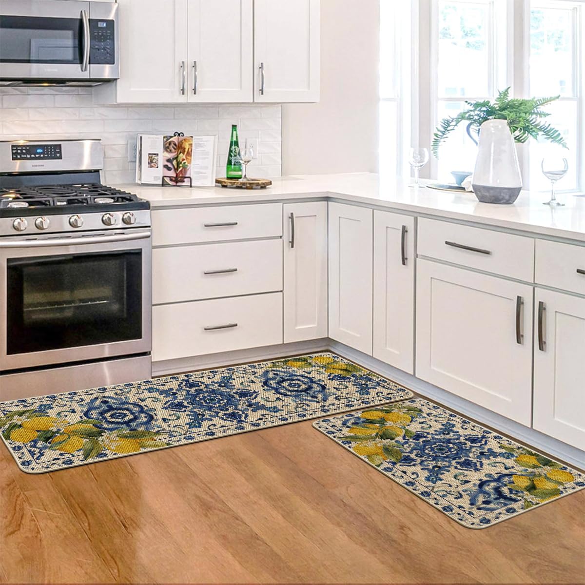 Artoid Mode blue floral lemons kitchen mat top view — low-profile design reduces tripping risk.