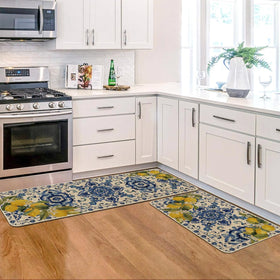 Artoid Mode blue floral lemons kitchen mat top view — low-profile design reduces tripping risk.