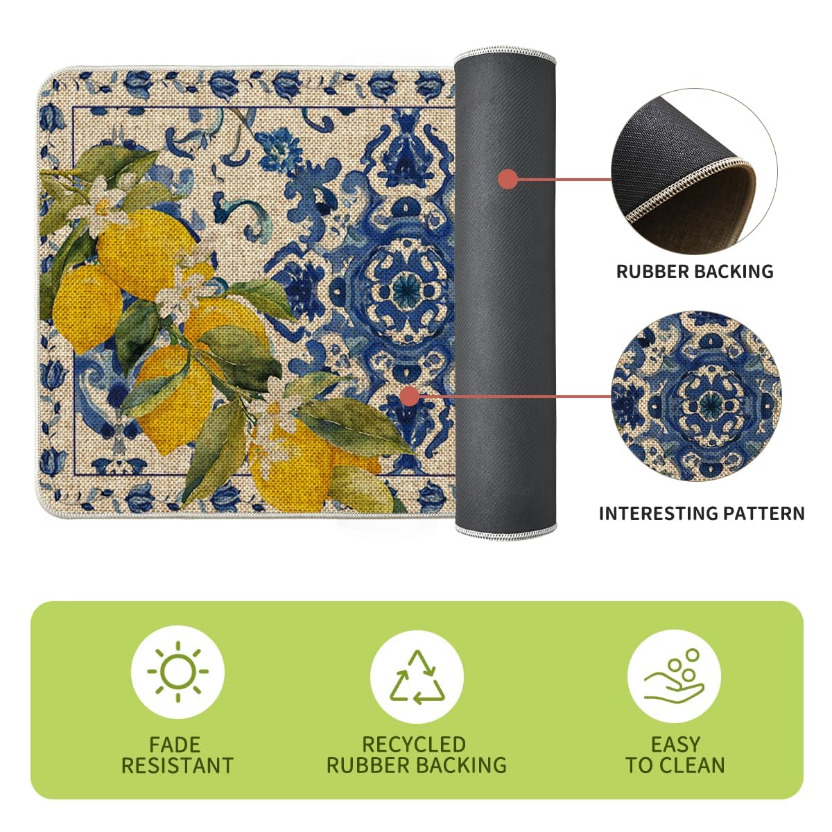 Artoid Mode blue floral lemons mat closeup — durable fabric blend resists stains and wear.