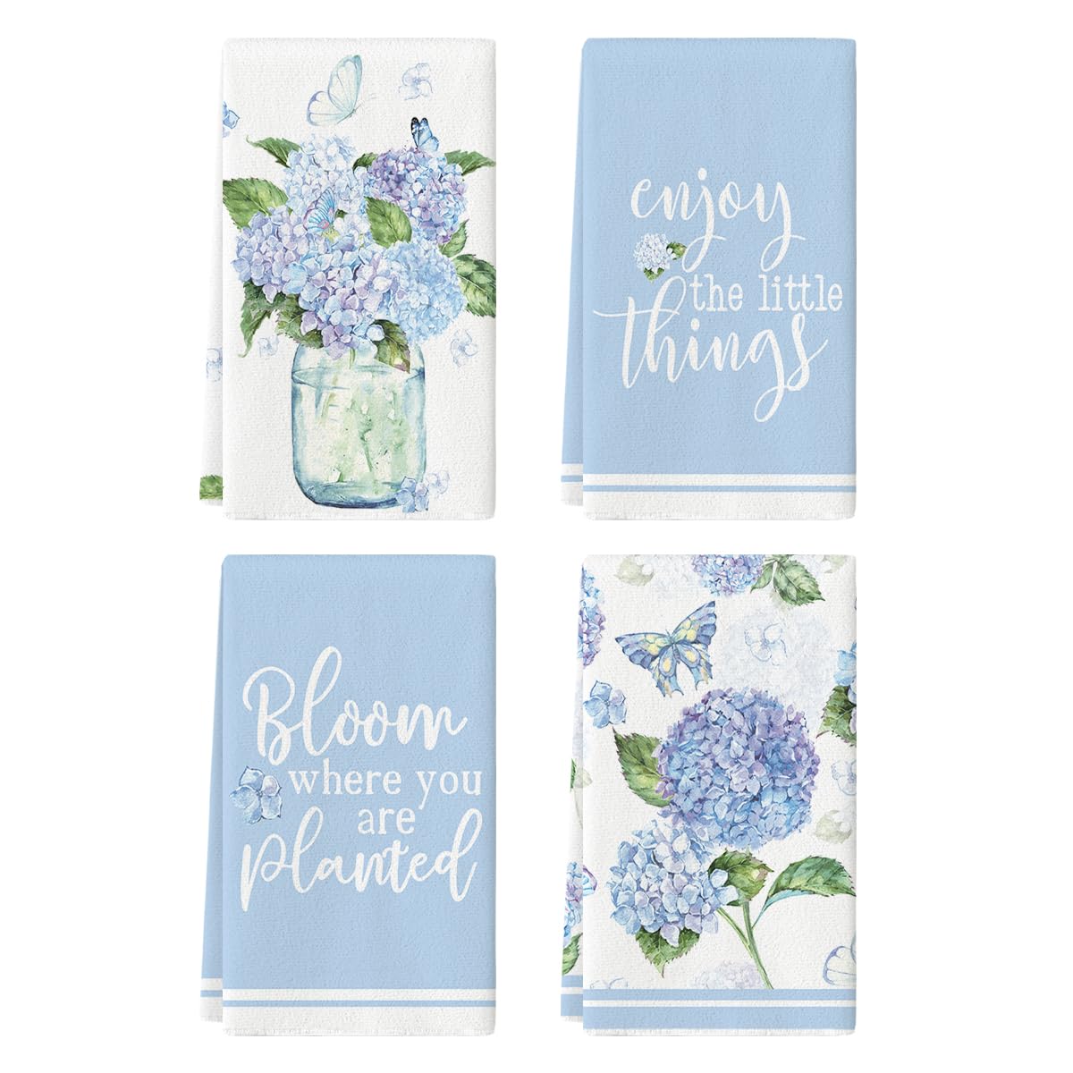 Artoid Mode Blue Hydrangea Motto dish towel with vibrant print for quick drying and kitchen flair.