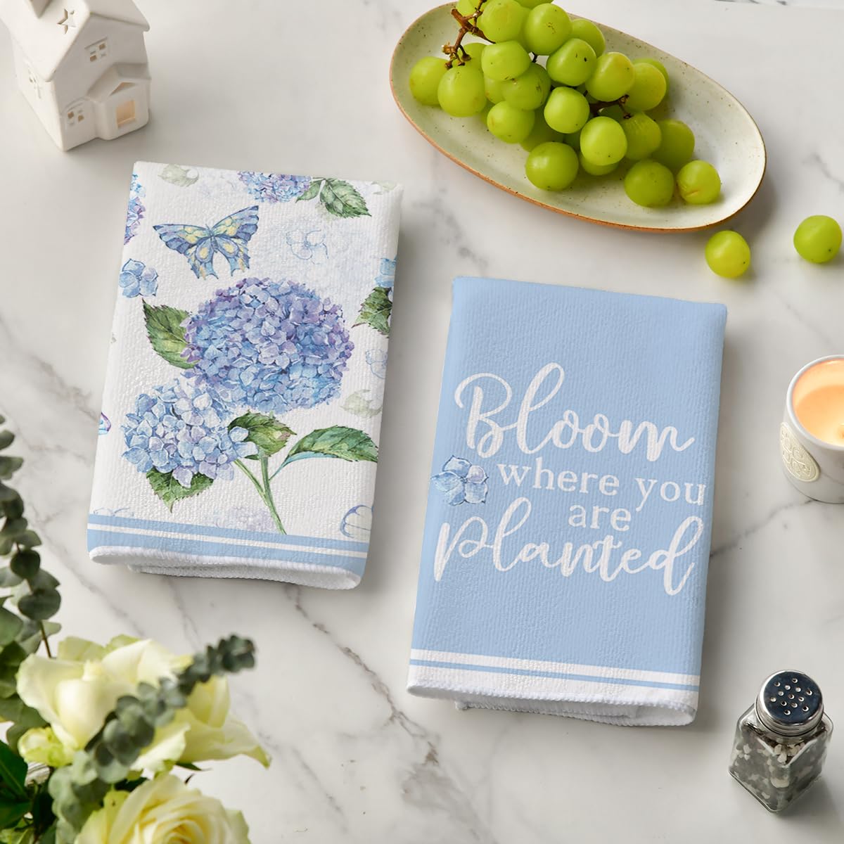 Artoid Mode Blue Hydrangea Motto dish towel, highly absorbent for spills and cleanup tasks.