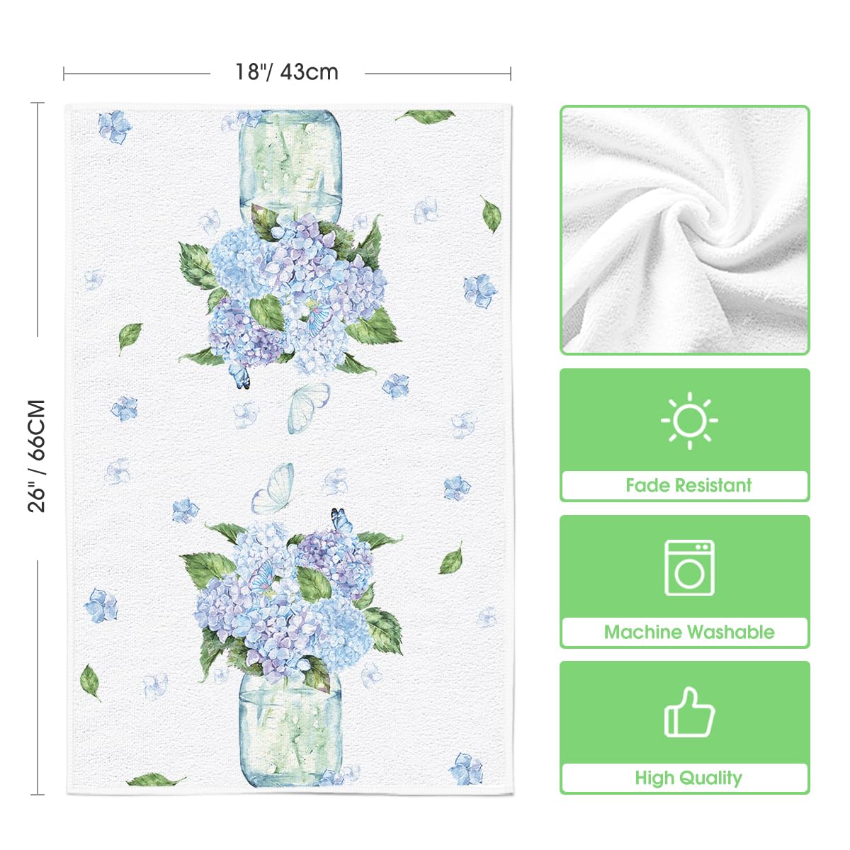 Artoid Mode Blue Hydrangea Motto towel, 18x26 inches, suitable for large dishes and racks.