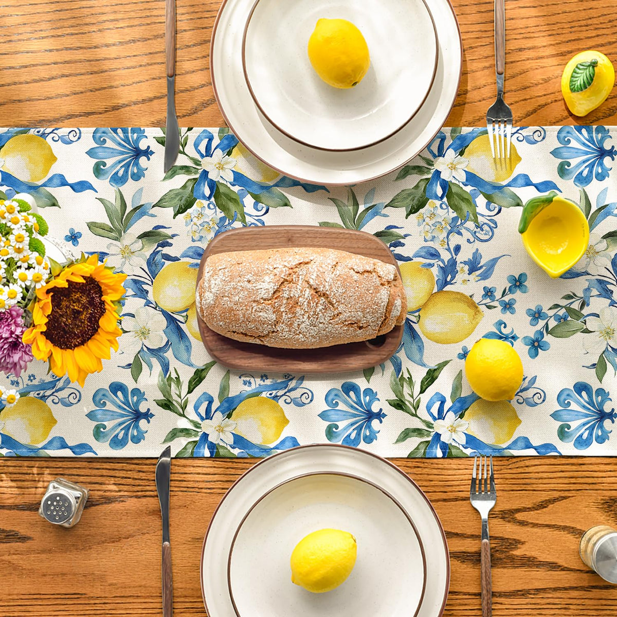 Artoid Mode blue lemon iris table runner protects surfaces from spills