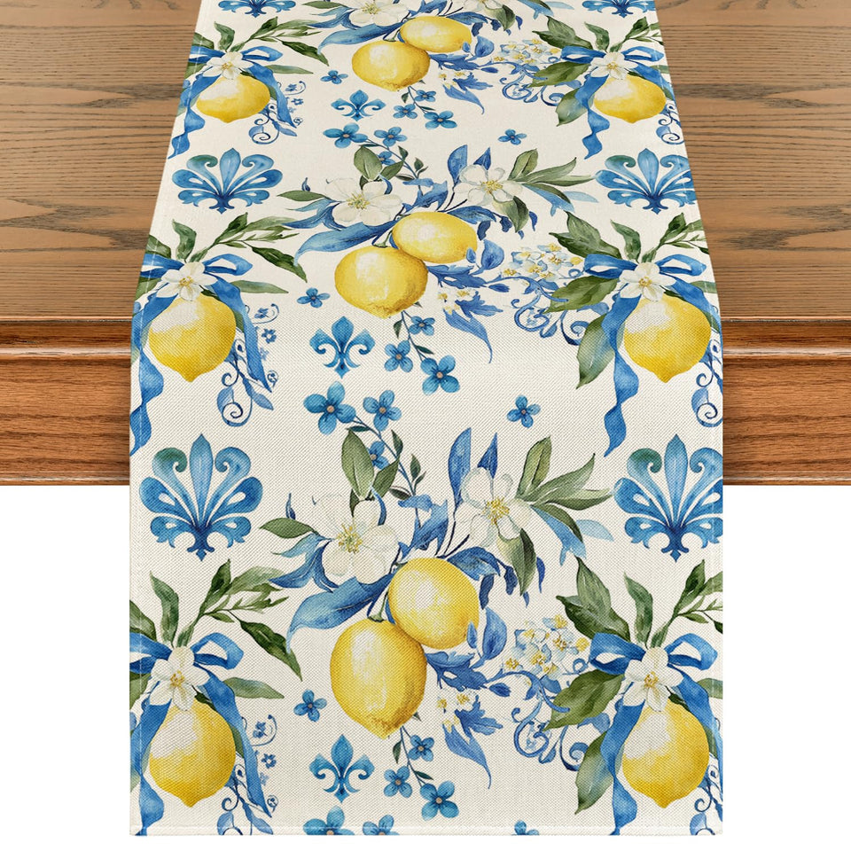 Artoid Mode blue lemon iris table runner enhances spring dining ambiance