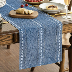 Artoid Mode blue rustic table runner close-up embroidery detail adds texture.