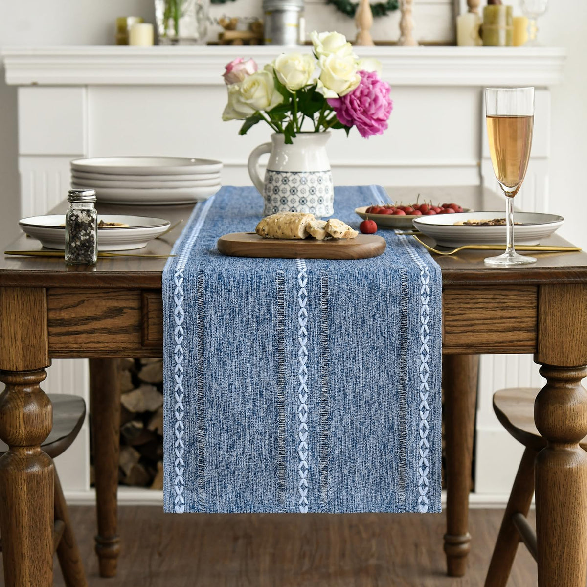 Artoid Mode blue rustic runner folded for easy storage and seasonal decoration.