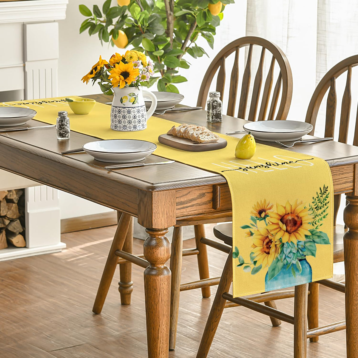 Artoid Mode bright colorful table runner pattern livens kitchen and dining spaces.