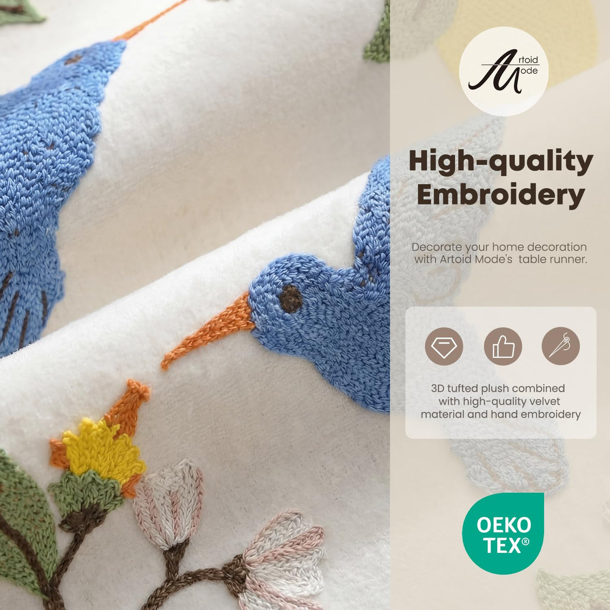 Artoid Mode bright floral embroidery on table runner for festive decor