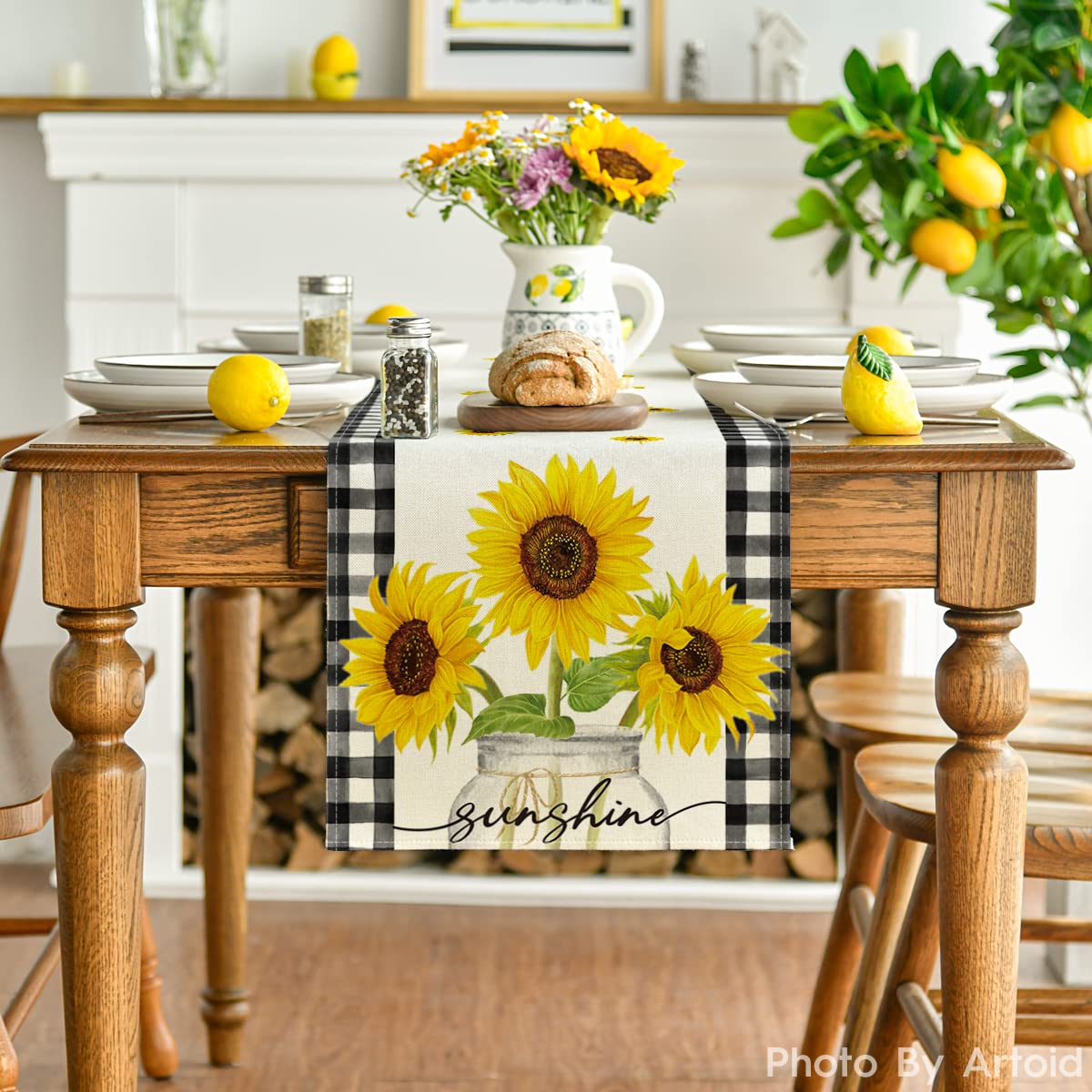 Artoid Mode bright sunflower pattern table runner enhances kitchen and dining spaces