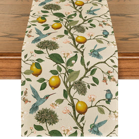 Artoid Mode table runner design in brown lemon tree bird flower for lively table decor.