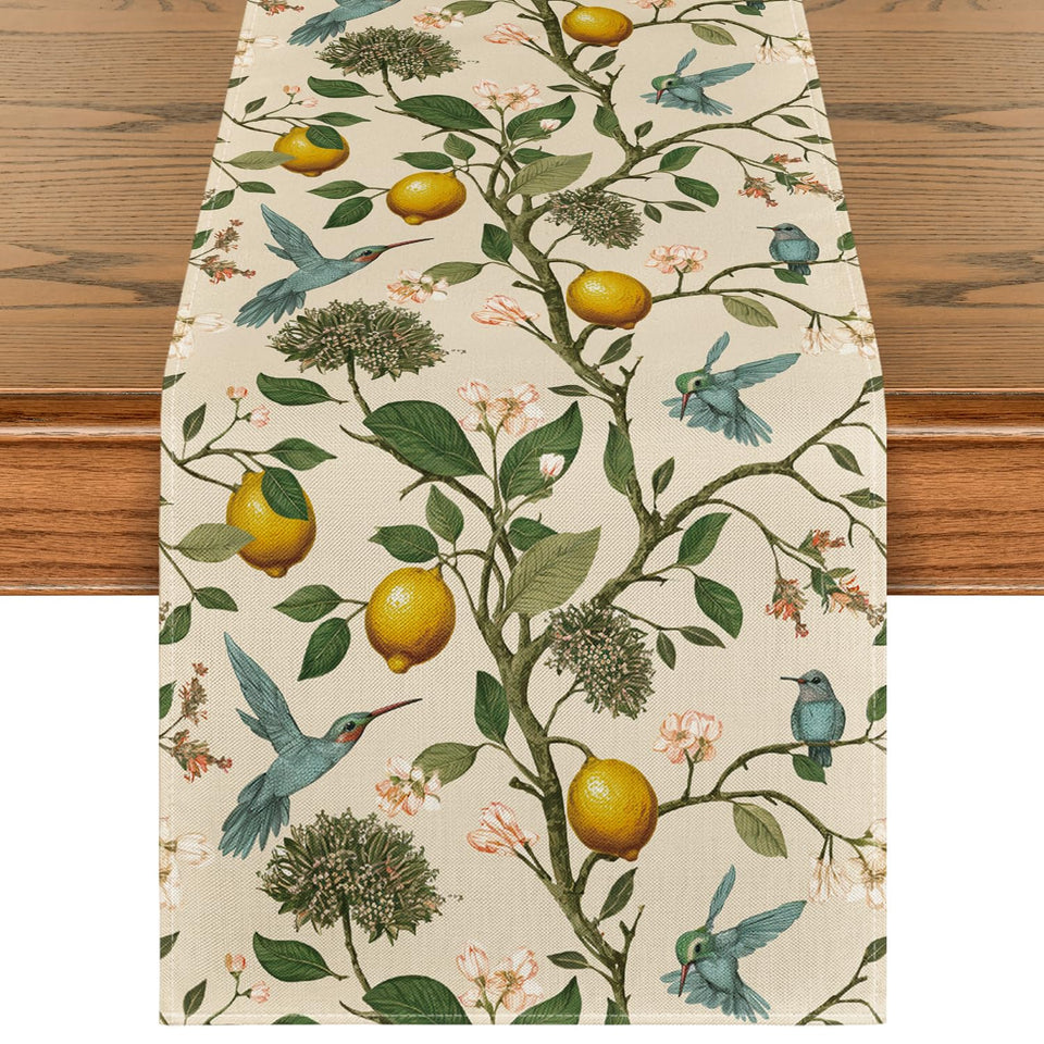 Artoid Mode table runner design in brown lemon tree bird flower for lively table decor.