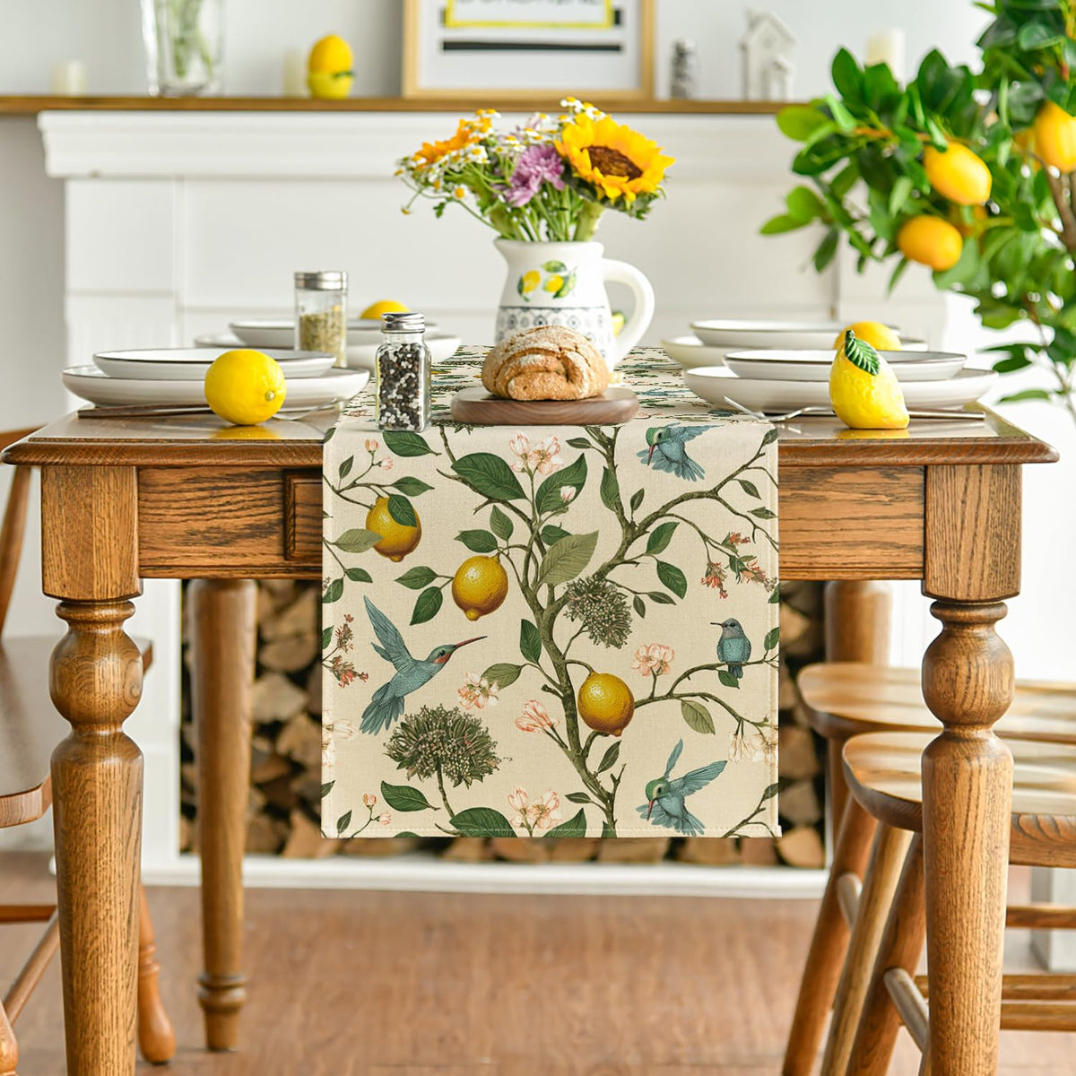 Artoid Mode brown lemon tree bird flower table runner on dining table ready for meal.