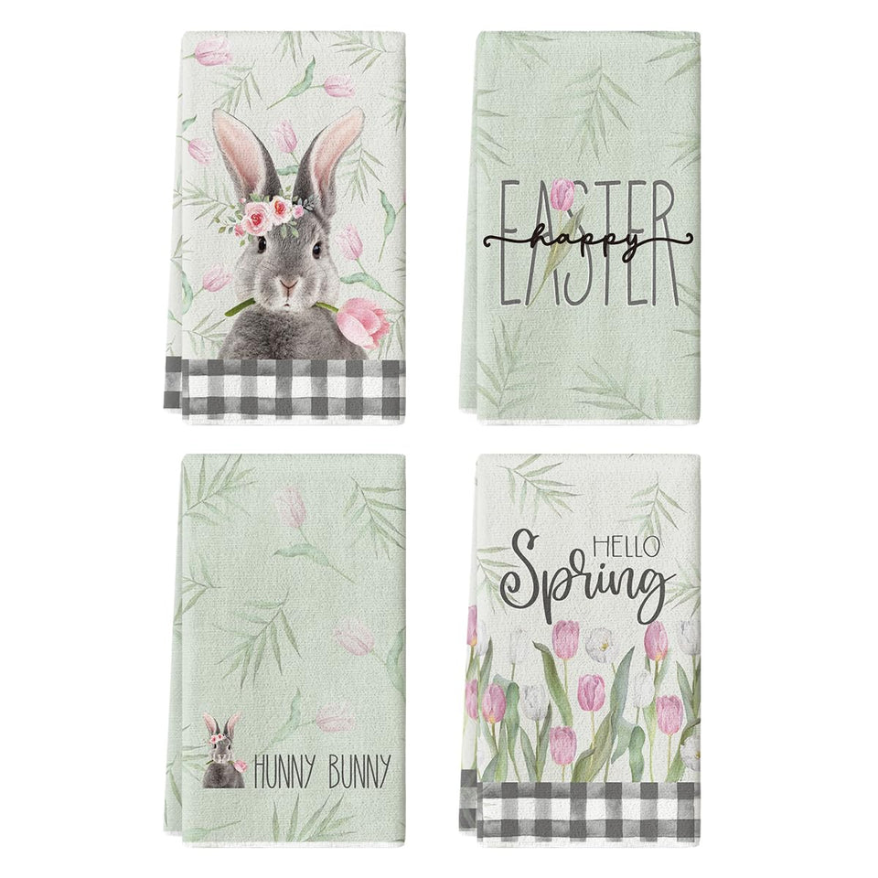 Artoid Mode buffalo plaid rabbit Easter kitchen towel, absorbent for drying dishes.