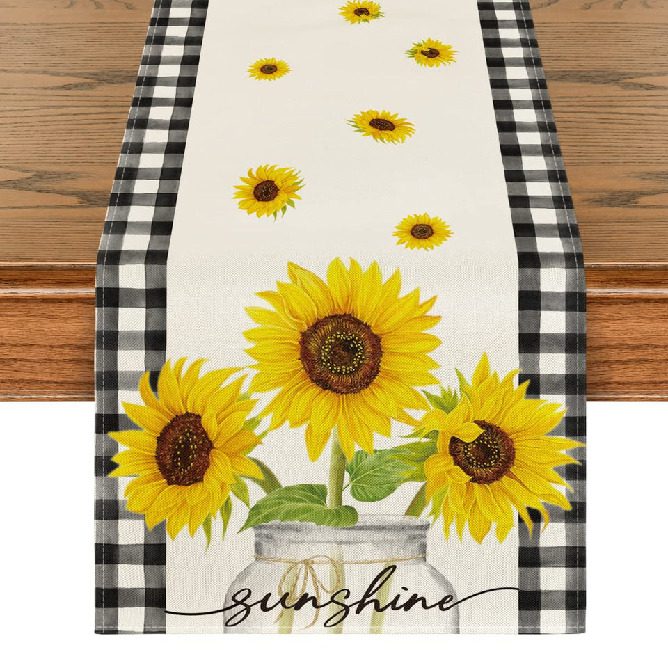 Artoid Mode buffalo plaid sunflower table runner showcases bold design for lively spring meals