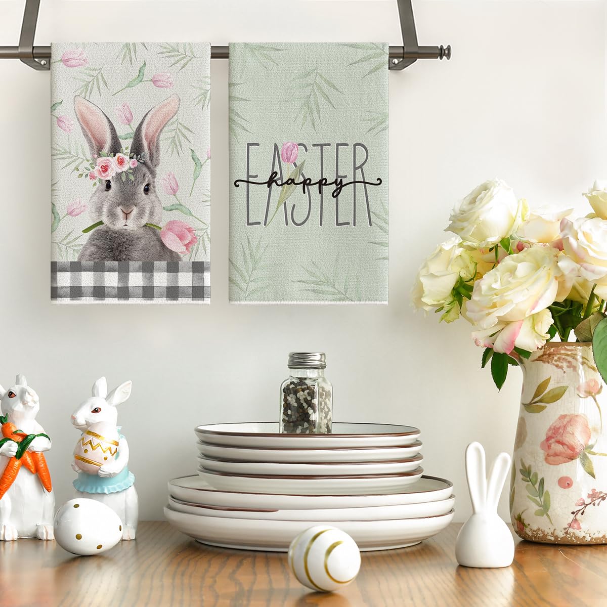 Artoid Mode bunny and flower pattern towel, ideal for decorative spring kitchen setup.