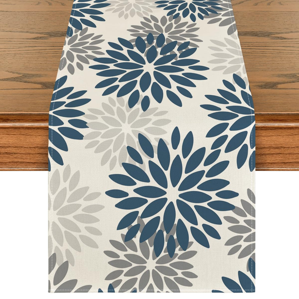 Artoid Mode Dahlia Aqua floral pattern on table runner adds vibrant decor for any dining setting