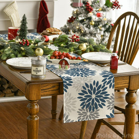 Artoid Mode Dahlia Aqua table runner closeup shows sturdy stitching and soft fabric