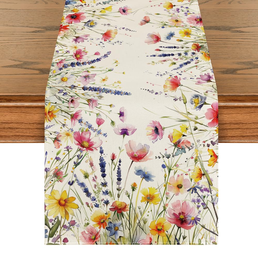 Artoid Mode daisy lavender floral leaves runner elevates spring tablescapes.