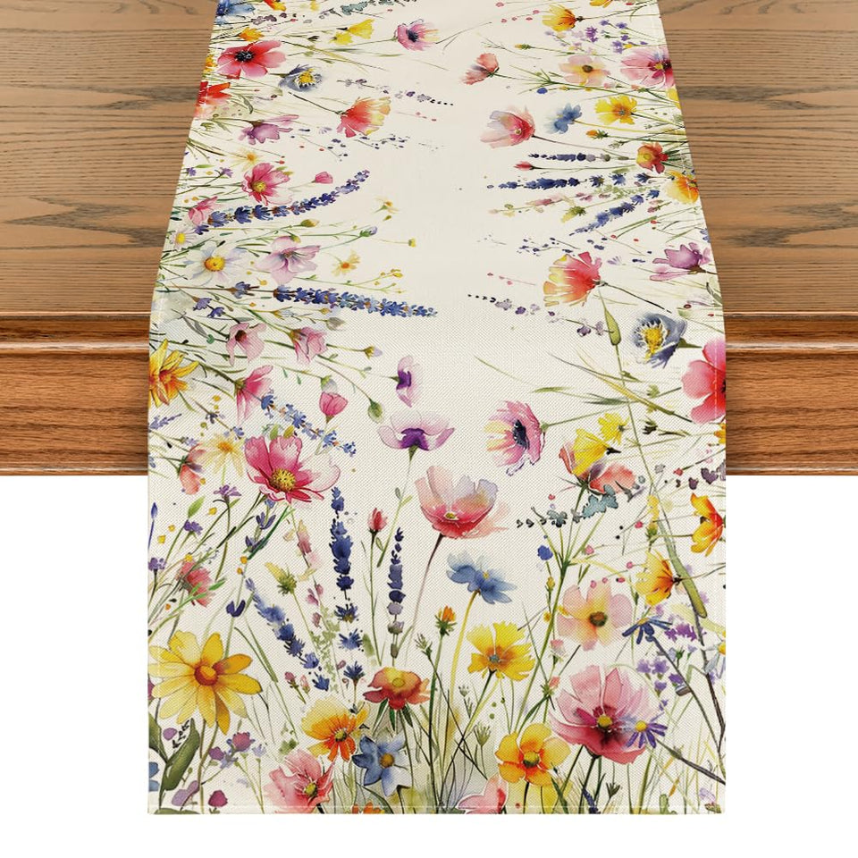 Artoid Mode daisy lavender floral leaves runner elevates spring tablescapes.