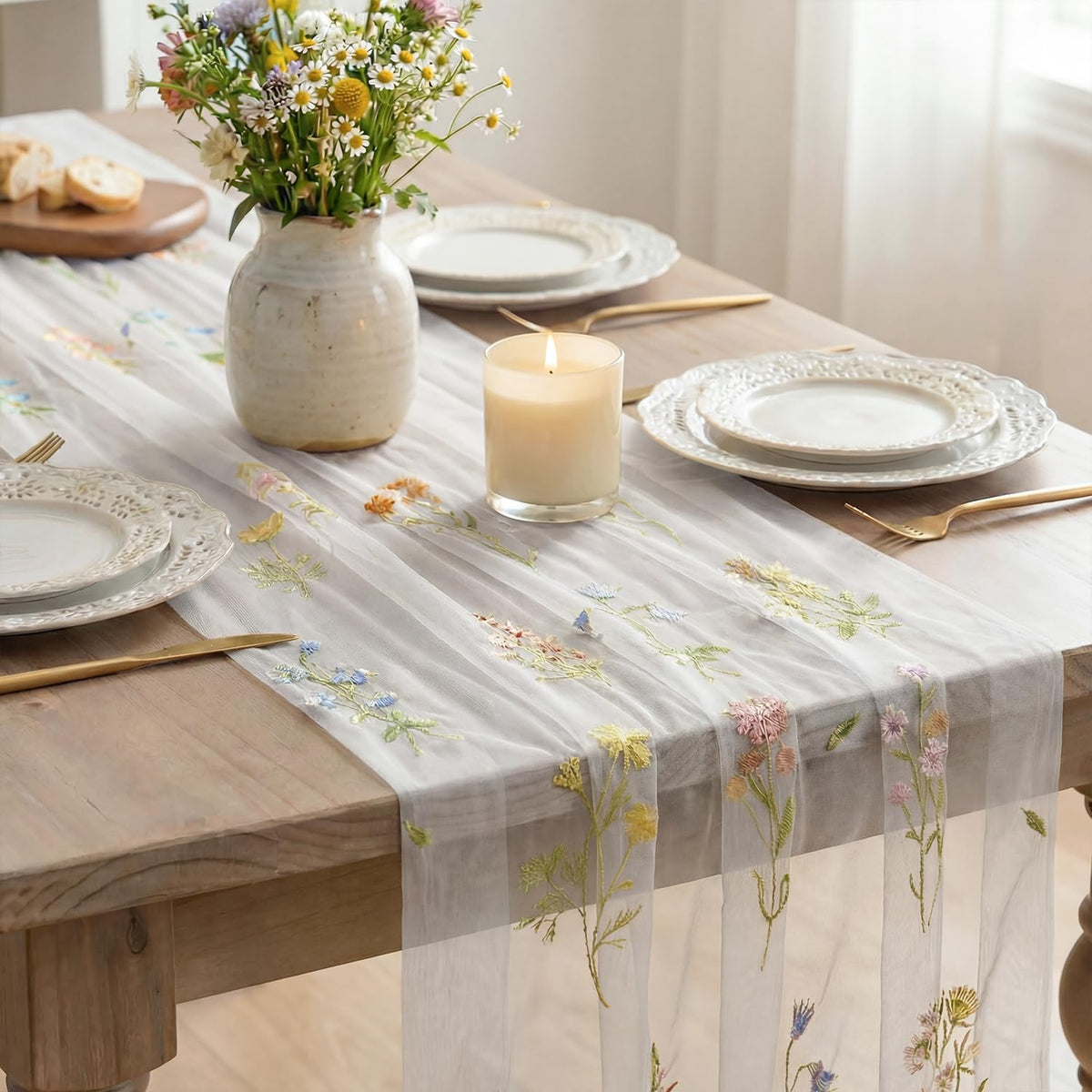 Artoid Mode embroidered floral pattern table runner protects surfaces during meals