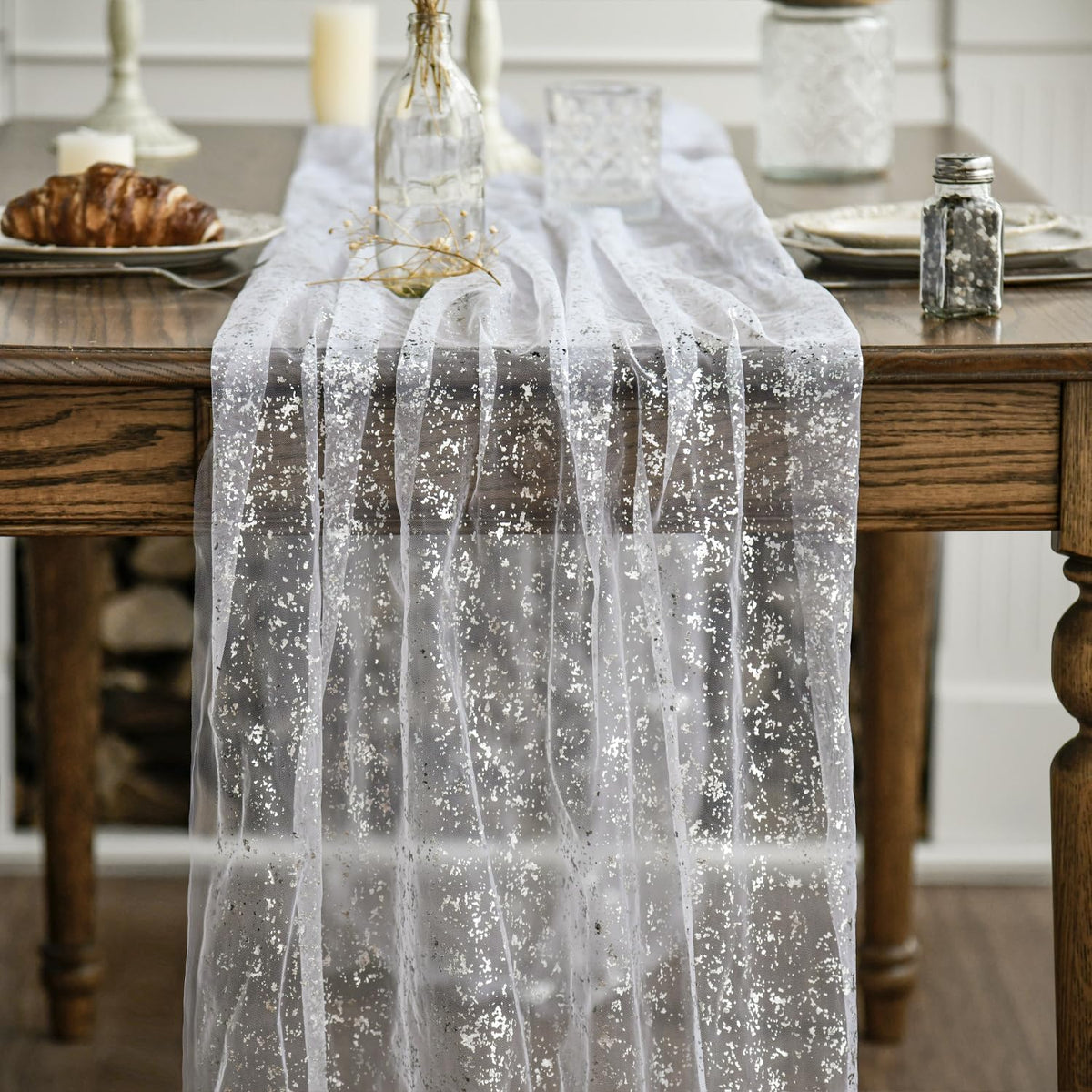 Artoid Mode glitter metallic foil sheer detail table runner for festive decor.