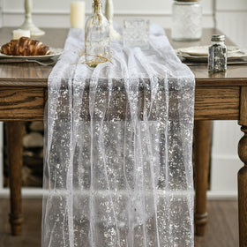 Artoid Mode glitter metallic foil sheer detail table runner for festive decor.