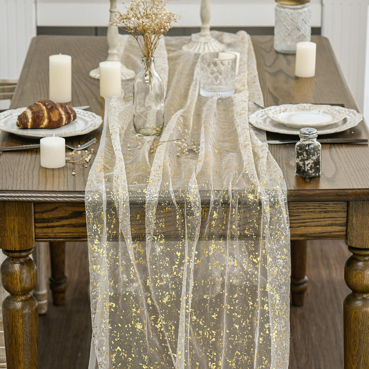 Artoid Mode glitter metallic foil sheer table runner adds festive shimmer for celebrations.