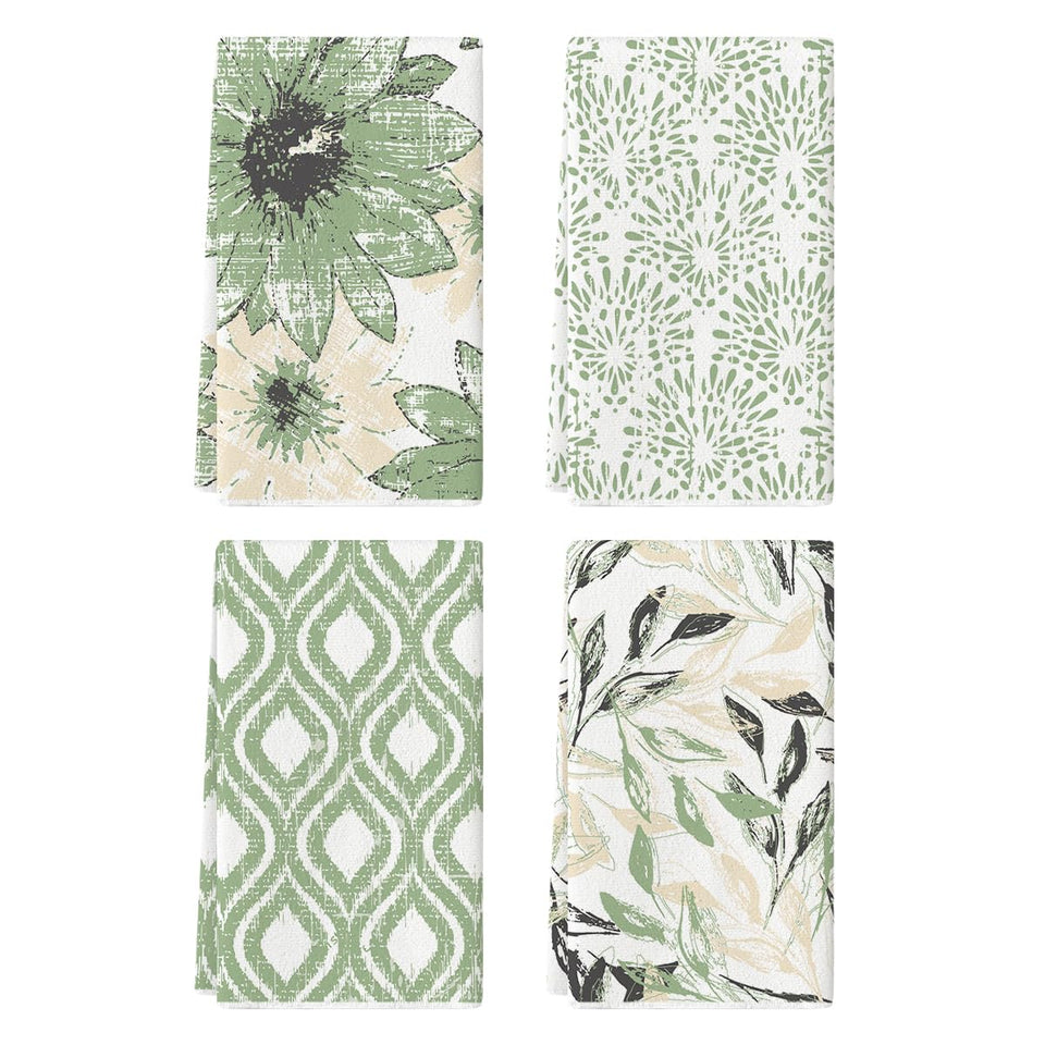 Artoid Mode Green Floral Leaves dish towels folded for easy drying of delicate cookware