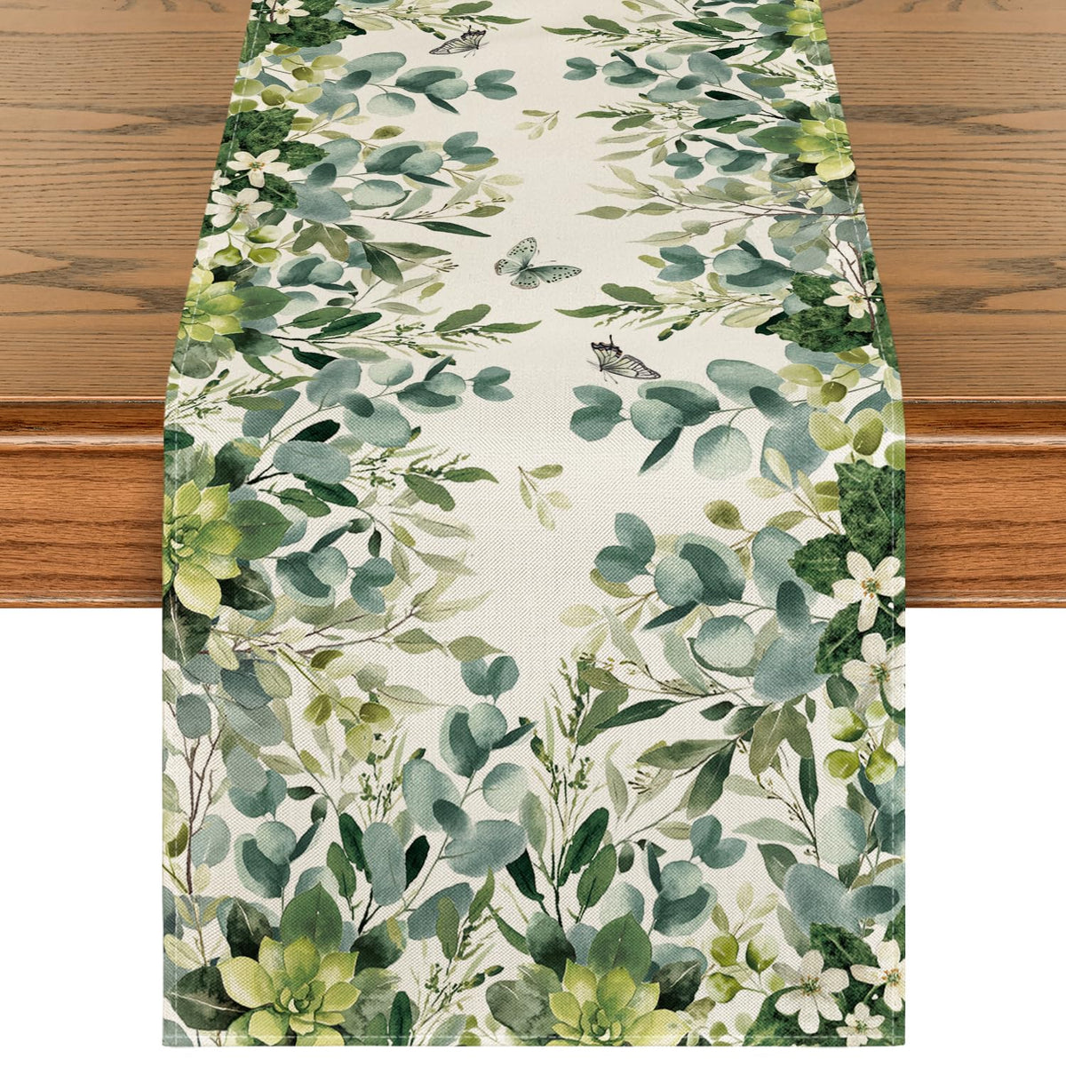 Artoid Mode Green Flowers table runner with eucalyptus accents for spring dining ambiance