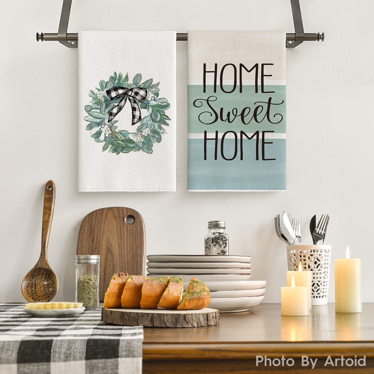 Artoid Mode eucalyptus plaid pattern towels brighten counters for daily use.