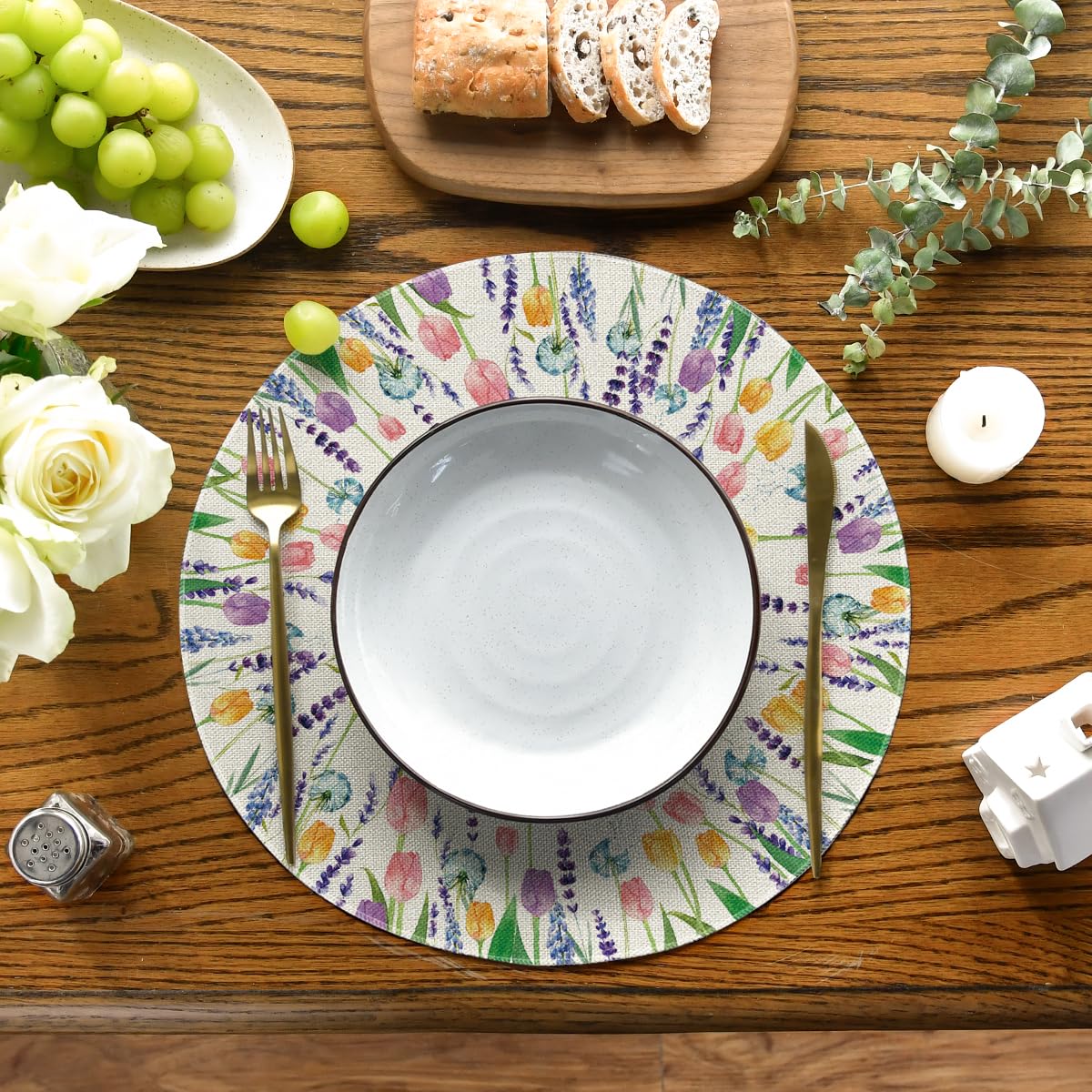 Artoid Mode Lavender Tulip placemats closeup highlights vibrant print and soft texture.