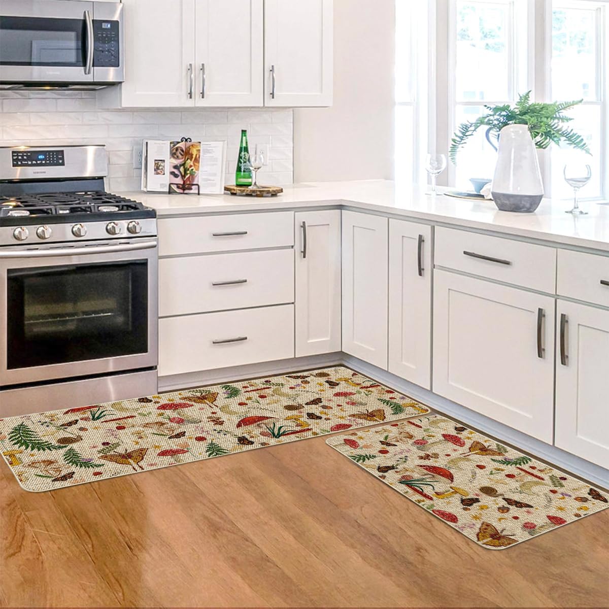 Artoid Mode Mushrooms Butterfly Spring low-profile kitchen rug fits under cabinets.