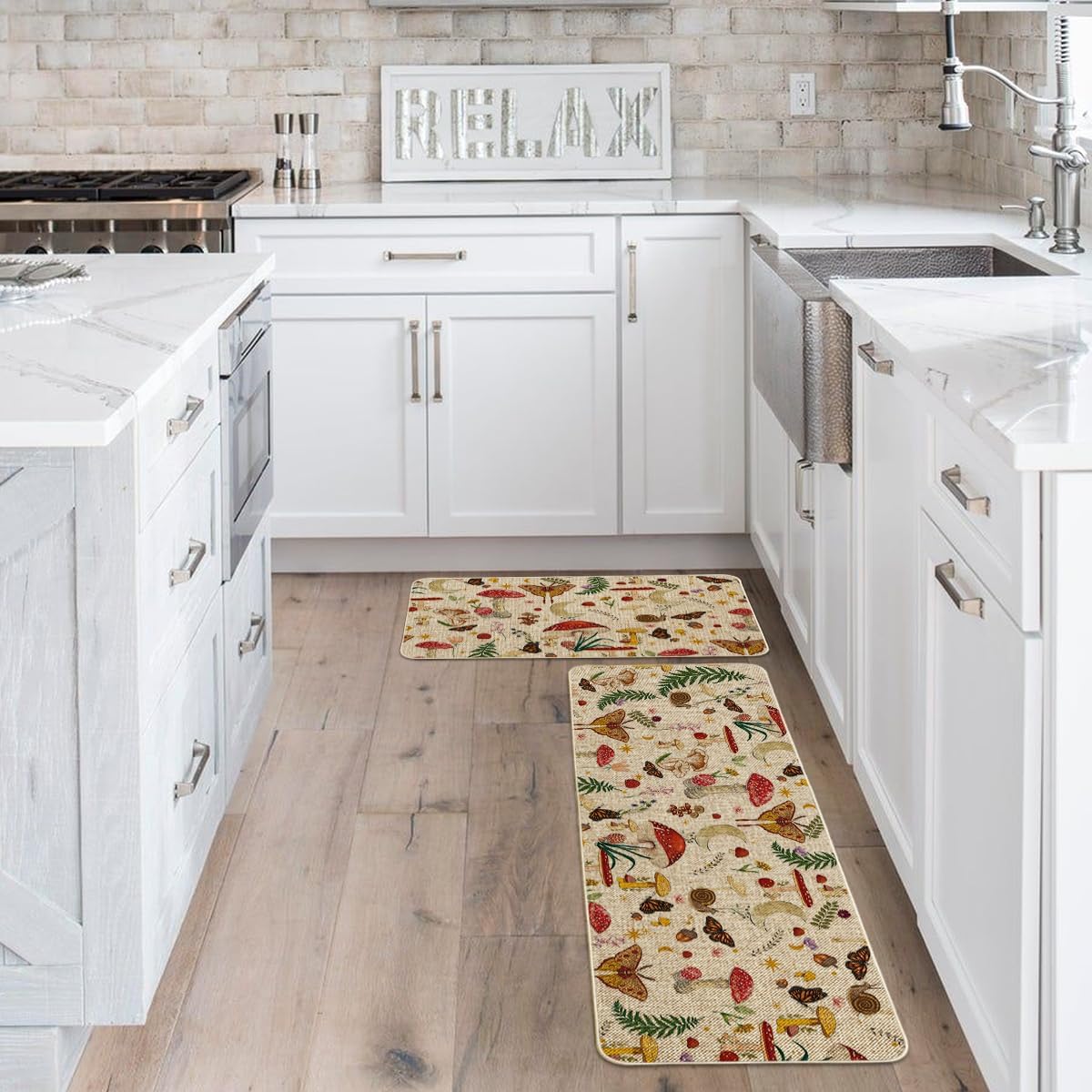 Artoid Mode Mushrooms Butterfly Spring non-slip kitchen mat enhances safe footing.