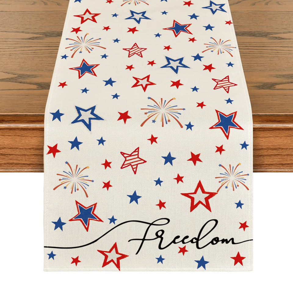 Artoid Mode Patriotic Freedom Stars table runner in red, white, and blue for outdoor 4th of July celebrations.