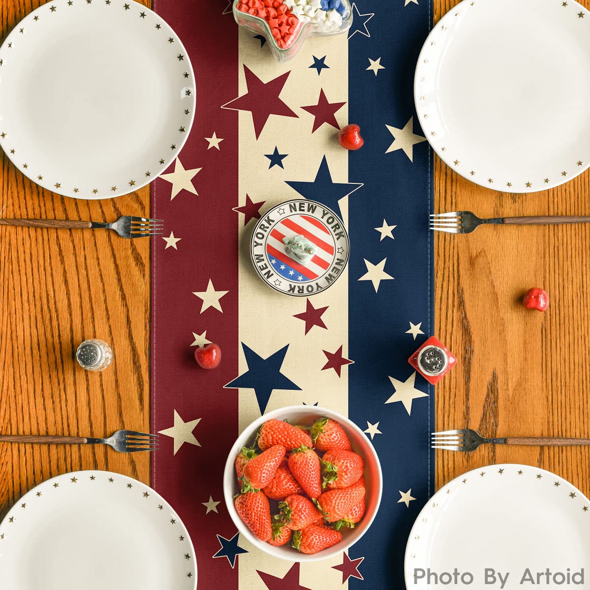 Artoid Mode patriotic kitchen table runner brightens any dining setting.