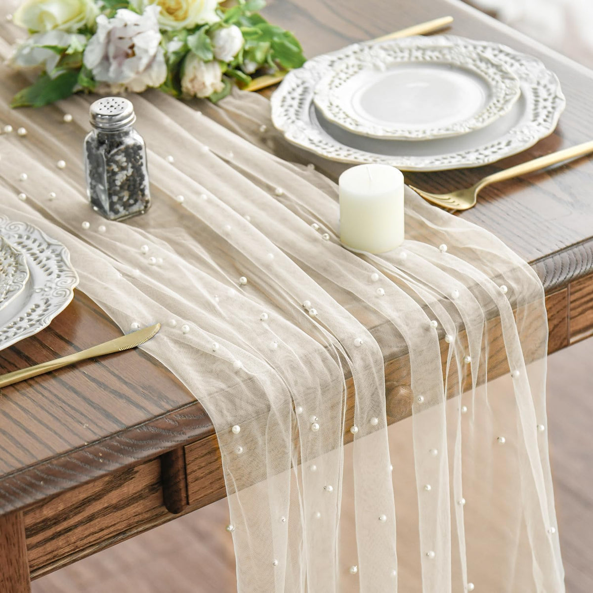 Artoid Mode pearl beige gauze table runner 120-inch enhances holiday dining decor.