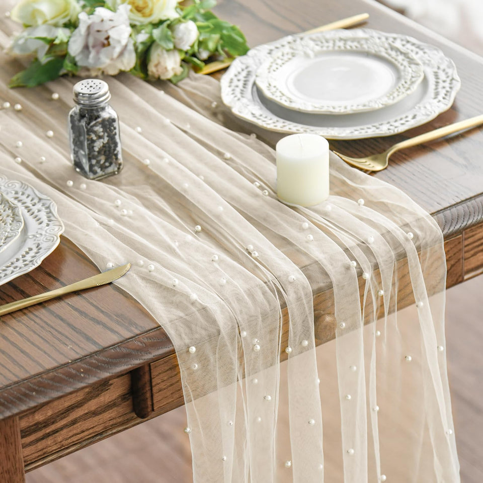 Artoid Mode pearl beige gauze runner close-up showing delicate fabric and subtle sheen.