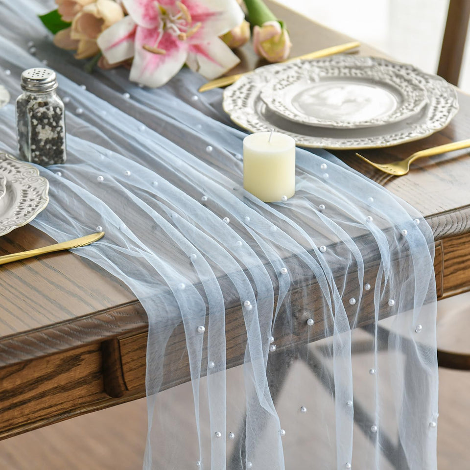 Artoid Mode pearl blue gauze table runner close-up with airy texture for elegant dining