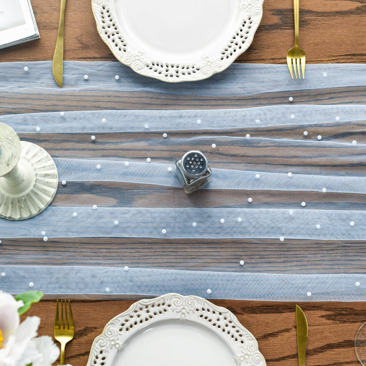 Artoid Mode pearl blue gauze table runner pack display for coordinated party decor